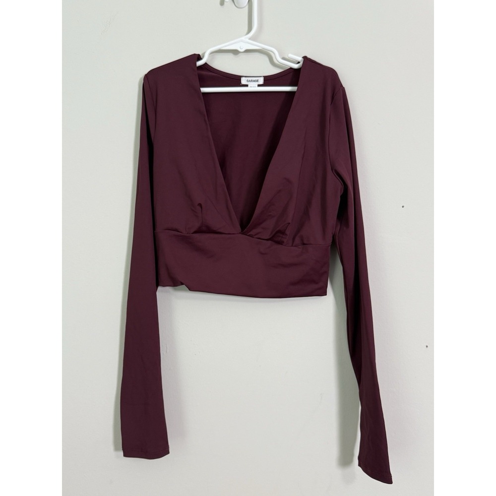 Garage Burgundy Seamless Deep Plunge Long Sleeve Athletic Crop Night Out Sz XS